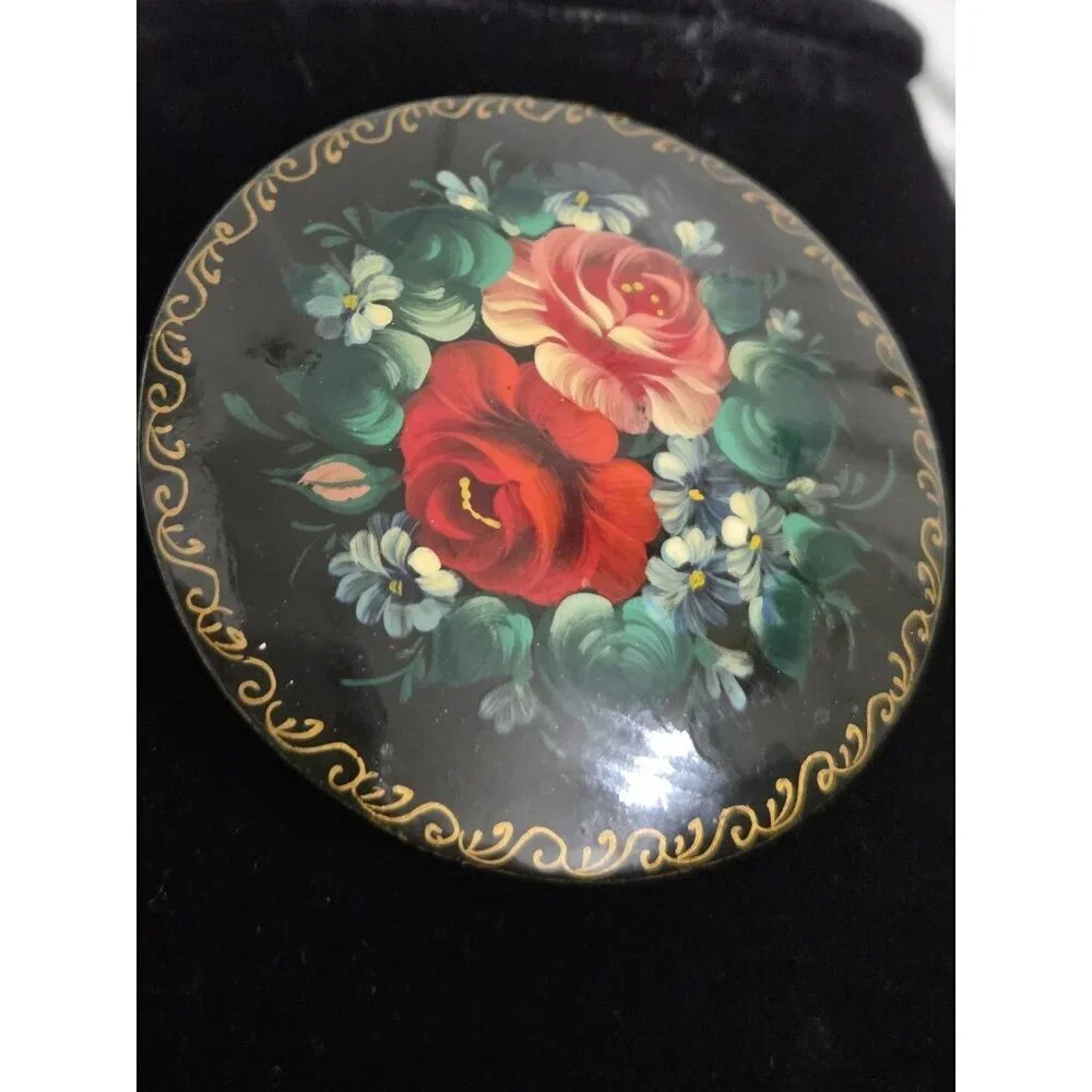 Vintage Hand-Painted Russian Lacquer Floral Folk Brooch Pin Rose Christmas